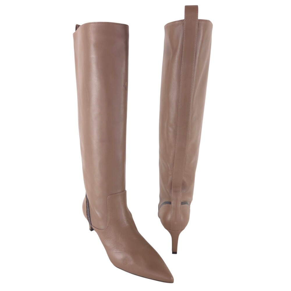 Brunello Cucinelli Monili Bead Leather Knee High Boots US 10 EU 40 Womens Brown